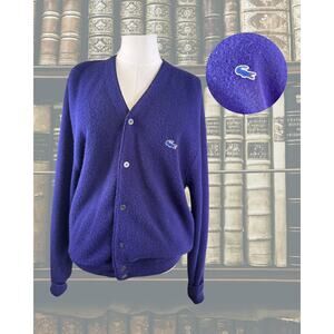 Vintage 60s Lacoste Izod Indigo Purple Blue Grandpa Preppy Cardigan Sweater L